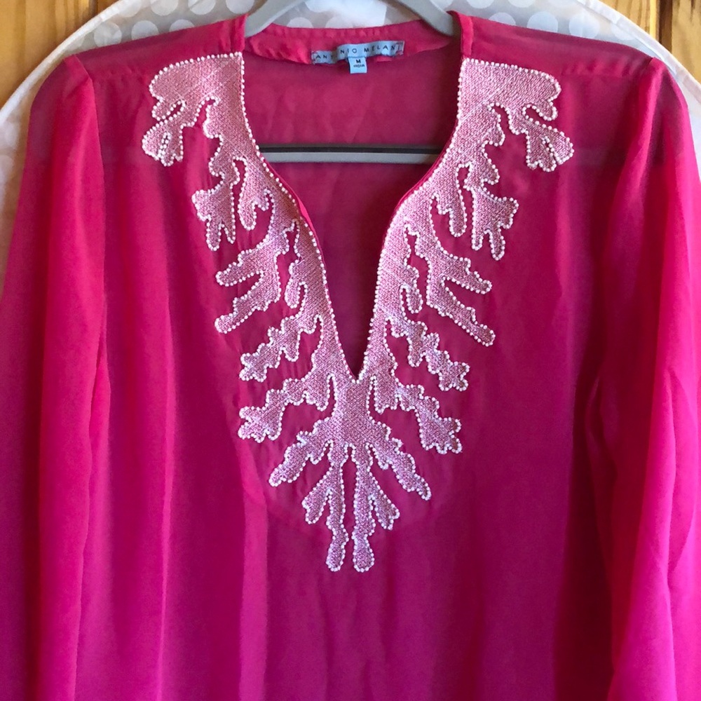 Swim cover up or tunic~Antonio Melani hot pink sheer embellished resort cover up